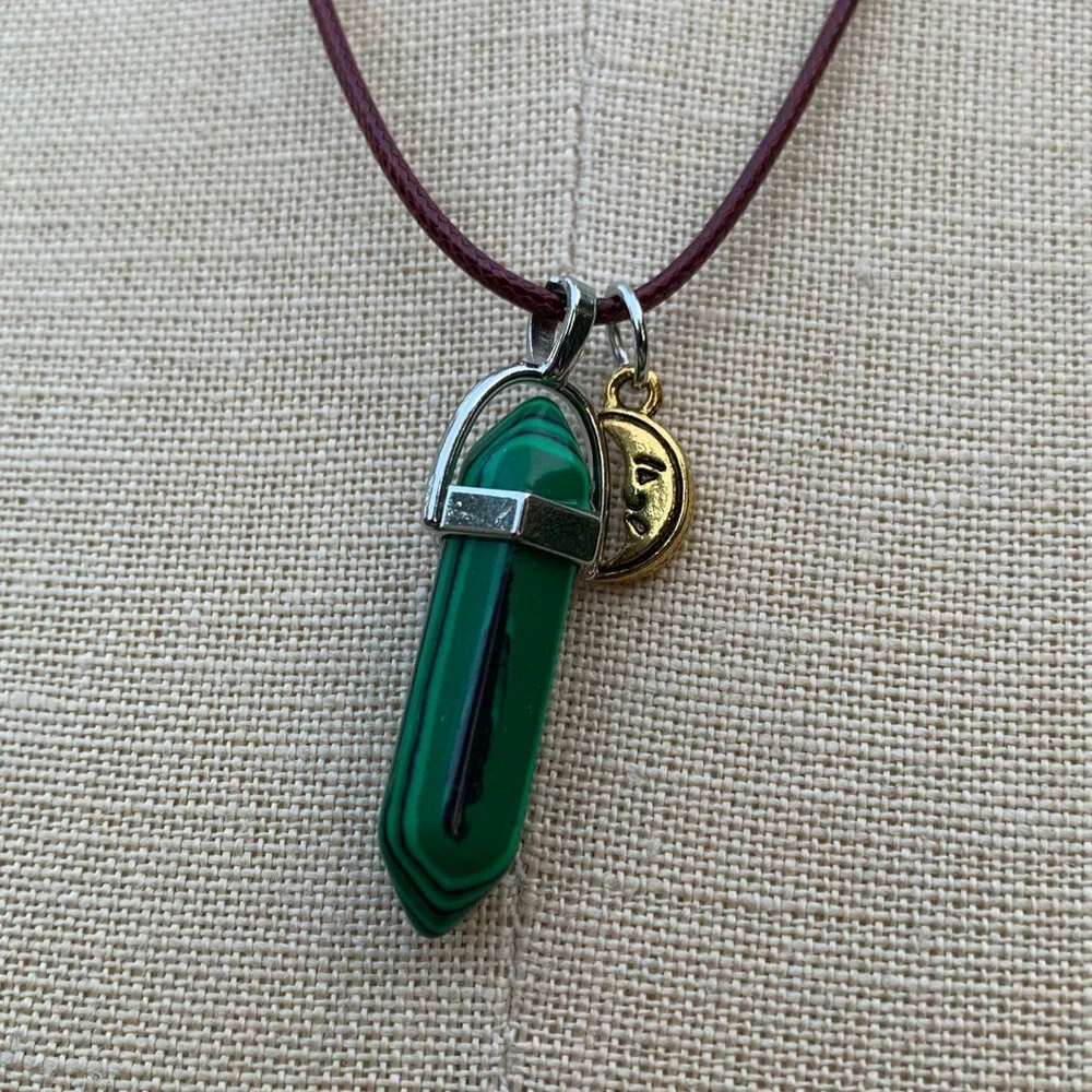Handmade Malachite Dagger Tower Amulet with Moon Charm_9